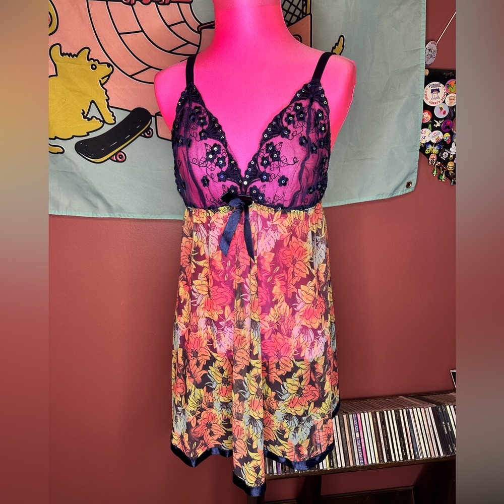 Floral Lace Babydoll Lingerie - Black and Multicolor